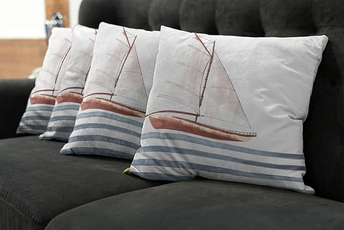 Ambesonne Nautical Throw Pillow Cushion Case Pack of 4, Let Your Dreams Sail Words with Boat in Waves Motivation Lifestyle Print, Modern Accent Double-Sided Digital Printing, 16", Cinnamon Blue