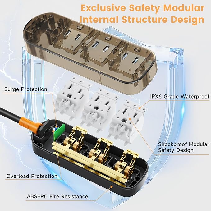 Outdoor Power Strip Weatherproof 6 FT Outdoor Extension Cord Waterproof Surge Protector Power Strip, 3 AC Outlets, 1625W - for Camping, Home, Office, Garden, Dorm, FCC UL Listed