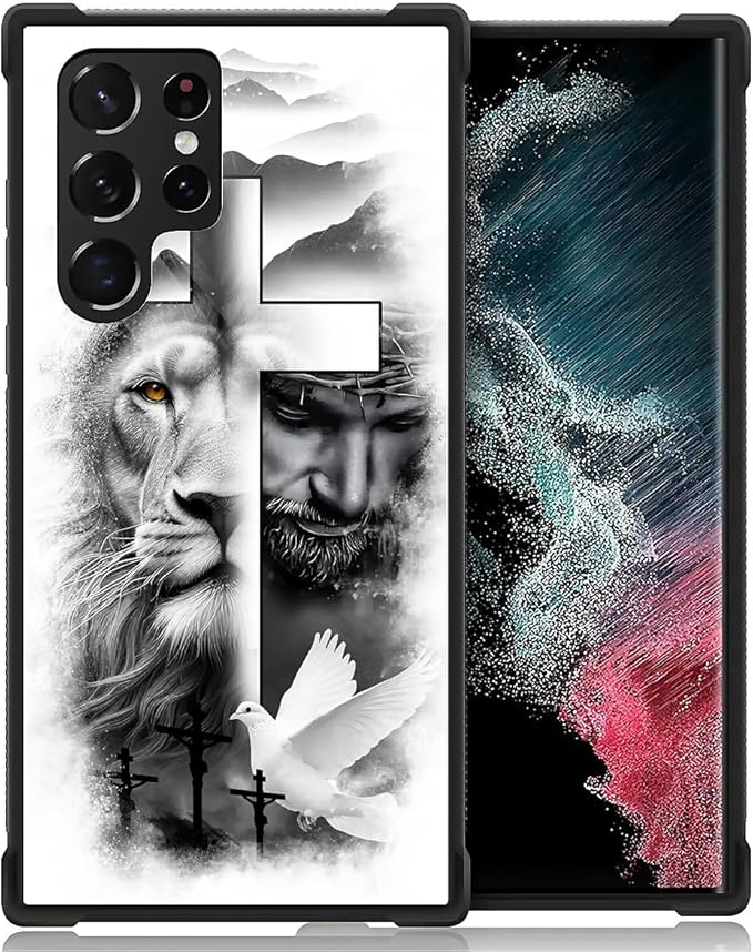for Samsung Galaxy S23 Ultra Case, Lion Cross Jesus Christ Dove Pattern Graphic Design Girl Boy Soft Silicone Hard Acrylic Shock Protection for Samsung Galaxy S23 Ultra