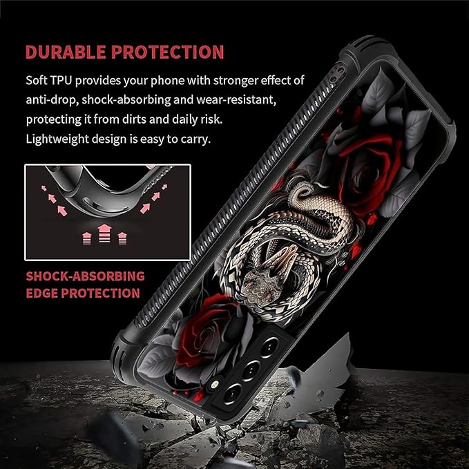 for Samsung Galaxy S21 Plus Case, Entwined Rose Snake Pattern Graphic Design Girl Boy Soft Silicone Hard Acrylic Shock Protection for Samsung Galaxy S21 Plus