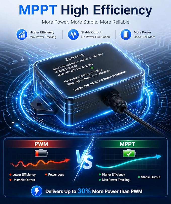 20W Solar Battery Maintainer & Trickle Charger, MPPT & Pulse Tech Solar Panel Kit, 12V Lead-Acid Battery Charger, Weatherproof for Car Boat Dump Trailer Outdoor Use
