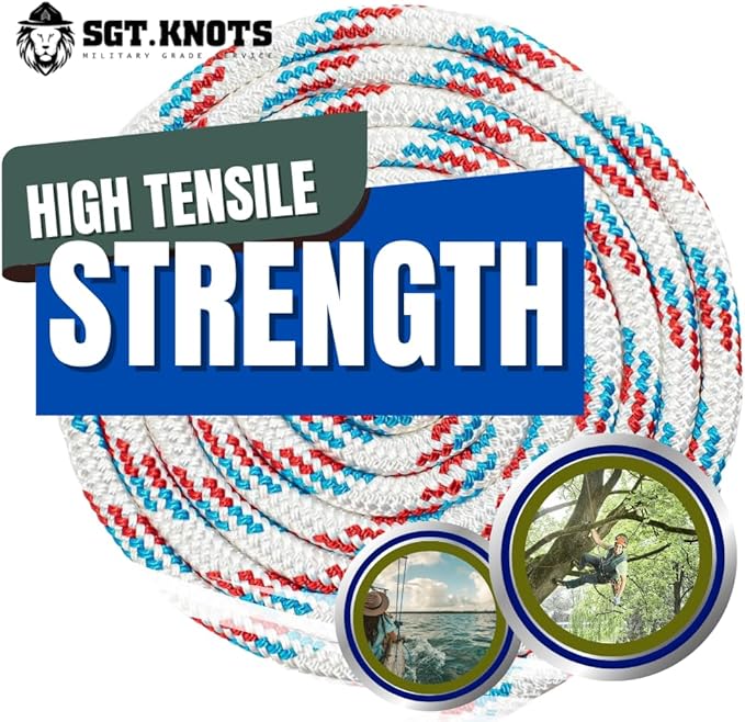 SGT KNOTS Arborist Double Braided Polyester Rope - Heavy Duty Tree Pulling Rope, Rigging, Tree Ropes, Arborist Pulling, Felling, Sailing, Industrial Rigging (3/4" x 120ft) Red-White-Blue
