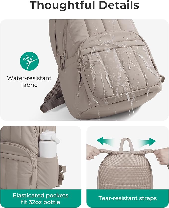 BAGSMART Womens Backpack Small Travel Laptop Backpack for Women, Quilted College Laptop Bookbag, Work Back Pack for Women, Cute Computer Water-Resistant Casual Daypack, Puffer Camel