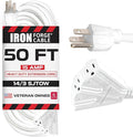 Iron Forge Cable 50ft White Outdoor Extension Cord with 3 Outlets - 14/3 SJTOW Oil Resistant 15 Amp 50ft Extension Cord 3 Prong - Multiple Outlets