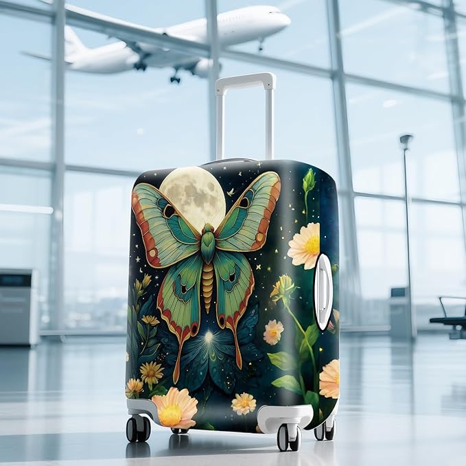 Moonlit Butterfly Flower MothTravel Luggage Cover -Stretchable Airplane Suitcase Protector Sleeve,Universal Washable Fit for 32-34 Inch Checked Baggage,Water Resistant Durable Luggage Protector