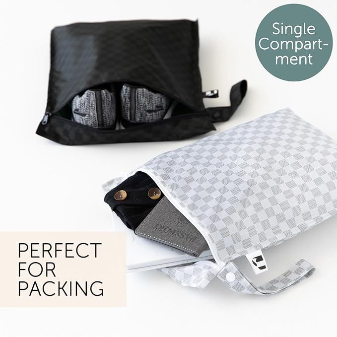 Bumkins Roamio - Waterproof Wet Bag - For Baby, Travel, Swim Suit, Cloth Diapers, Pump Parts, Pool, Gym, Toiletry, Strap to Stroller - Reusable & Easy to Clean - 2pk - Black Check & Off White