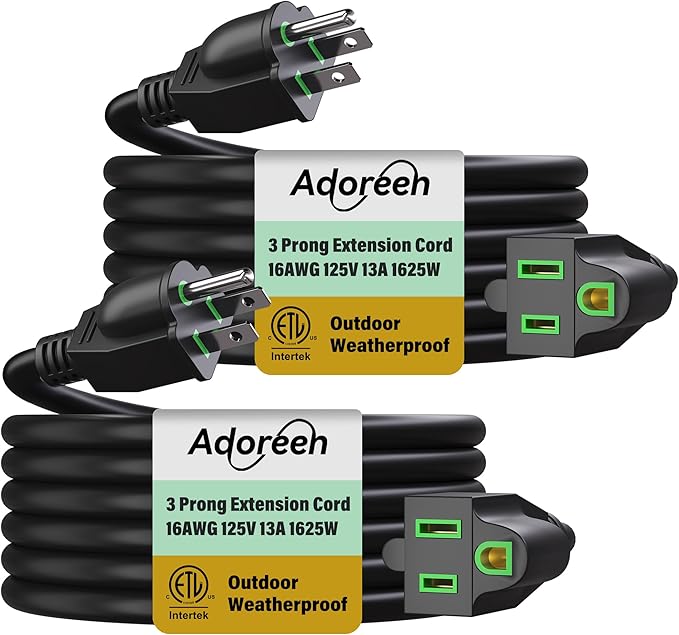 Adoreen Outdoor Power Extension Cord 15 Ft/2 Pack, 3 Prong 16 AWG Grounded Wire Heavy Duty Weatherproof Electric Cable for Indoor Christmas Light Lamp, 13A 125V 1625W, SJTW-ETL- Black with Green