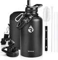 RAYMYLO Insulated Water Bottle 64 oz, Triple Wall Vacuum Stainless Steel (Cold for 48 Hrs), Leak Proof & Non-BPA, Half Gallon Water Flask Jug with Paracord Handle & Straw Spout Lids, Magic Black