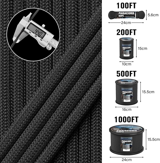 1200 Paracord Rope - 4.4mm 14 Strand Nylon Parachute Spool para Cord Lanyard for Outdoor Camping Survival Utility Tent Crafting DIY Projects Fishing Clothsline Bracelet - Black 1000FT