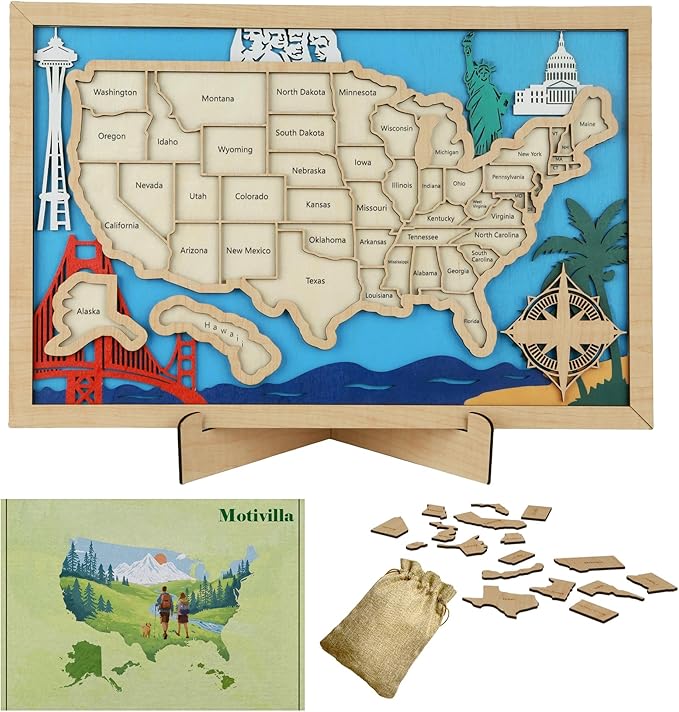 Wooden USA Landmark Travel Map, 16.5 x 11, 3-Layer Wood State Map Tracker Puzzle with Gift Box - Personalized Wall Art & RV Decor with Table Stand, Marker Pen & Adhesive Backing (Landmark, 16.5 x 11")
