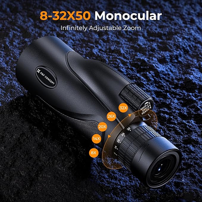 K&F Concept 8-32X50 Zoom Monocular - High Power Dual Focus Prism Compact Monoculars for Kids Adults, with Phone Adapter, Low Light Night Vision, FMC Lens for Bird Watching Hunting Travel Camping Starg