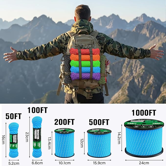 Reflective Paracord Rope 750 lb - 200ft 5/32" Parachute Cord 4MM 12-Strand para Cord - Heavy Duty Spool String for Survival,Camping Gear, Survival Bracelet, Clothesline - Blue