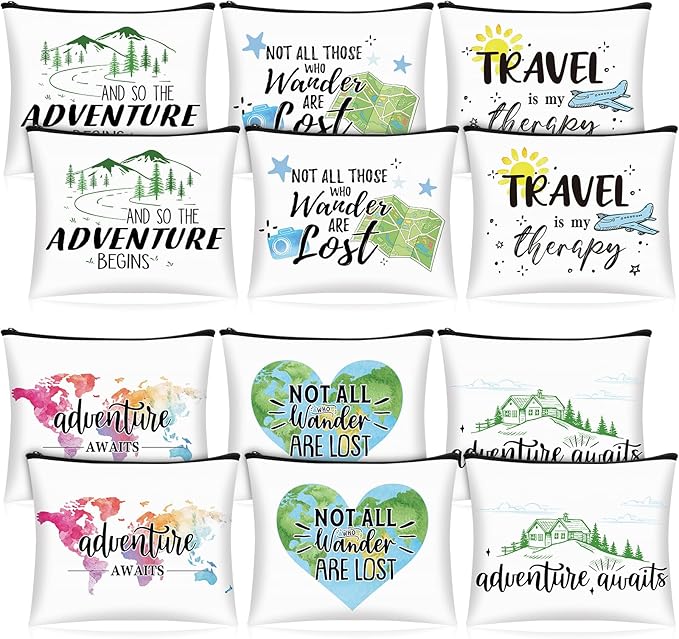 12 Pcs Travel Bag Adventure Awaits Makeup Bag Gifts World Map Cosmetic Case Traveler Gifts for Women Travel Theme Party Favors Mountains Pouch for Lover Friendship Birthday Accessories