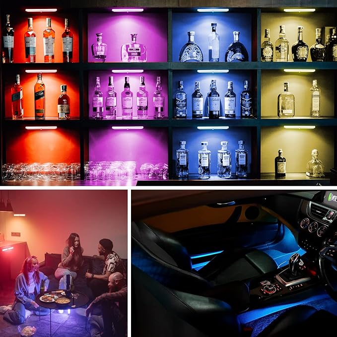 Under Cabinet Lighting Wireless with Remote, 48 LED Rechargeable Under Cabinet Lights, Kitchen Counter Lights Dimmable LED Closet Light RGB Bar for Shelf, Car, Hallway, 15 Color Changing, 6 Pack