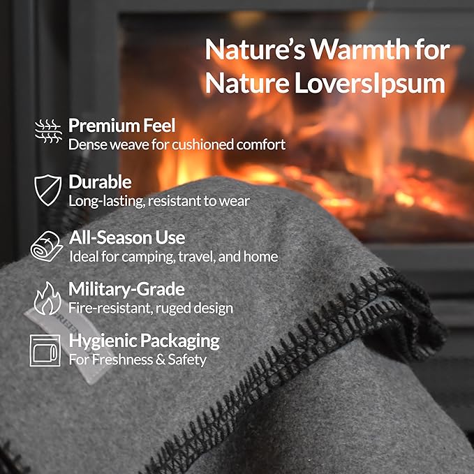 Military Style Wool Blanket – Cushioned, Breathable, Durable, Warm & Washable – Double-Stitched Border–Great for Camping, Outdoor, First Aid, Travel, Car–Fire Retardant – 64"x90" 4.7 lb (Navy Blue)