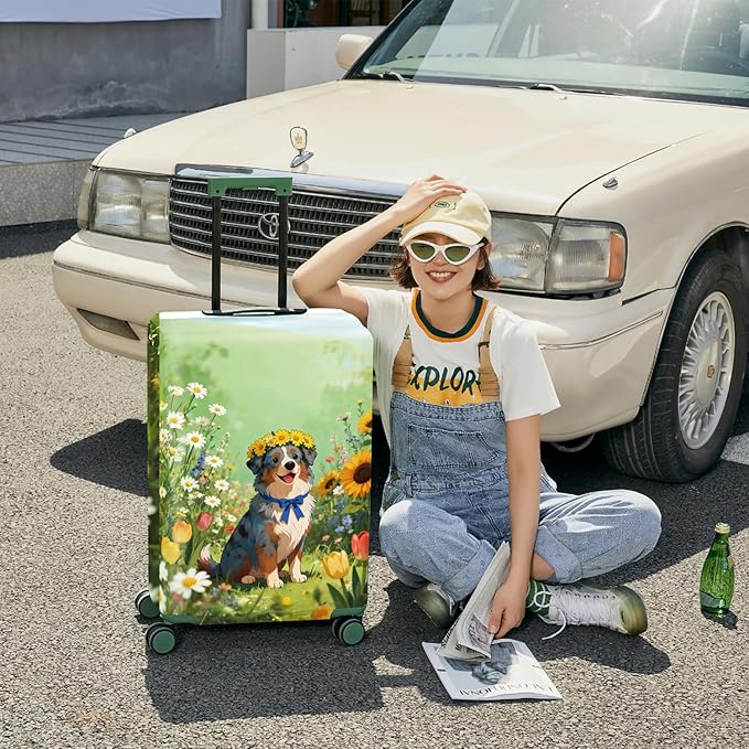 ANNA QUEEN Spring Cute Dog Travel Luggage Cover-Flower Stretchable Airplane Suitcase Protector Sleeve,Universal Washable Fit for 28-30 Inch Checked Baggage,Water Resistant Durable Luggage Protector