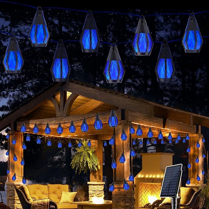 Solar String Lights for Outside, 21Ft Solar Patio Lights with 10 Flickering Flame Light Bulbs, Waterproof Blue Solar Powered Outdoor Lights for Garden Yard Patio Gazebo Bistro Cafe Porch Party Decor