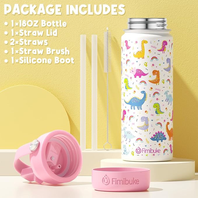 Fimibuke Kids Insulated Water Bottle, 18oz BPA FREE 18/8 Stainless Steel Kid Cup with Straw Travel Tumbler Double Wall Vacuum Leak Proof Toddler Water Bottle for School Boy Girl(1 Pack,Blue Dinosaur)