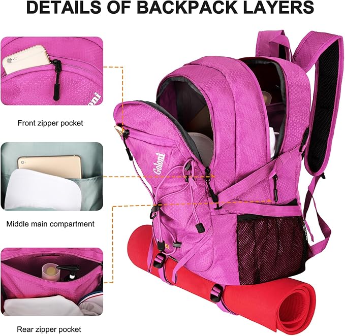 Goloni 45L Hiking Backpack Lightweight Foldable, Waterproof Camping Backpack with Rain Cover & Hiking Pole Mat Carrying System, Ergonomic Water Resistant Daypack for Trekking Travel Men Women Rose