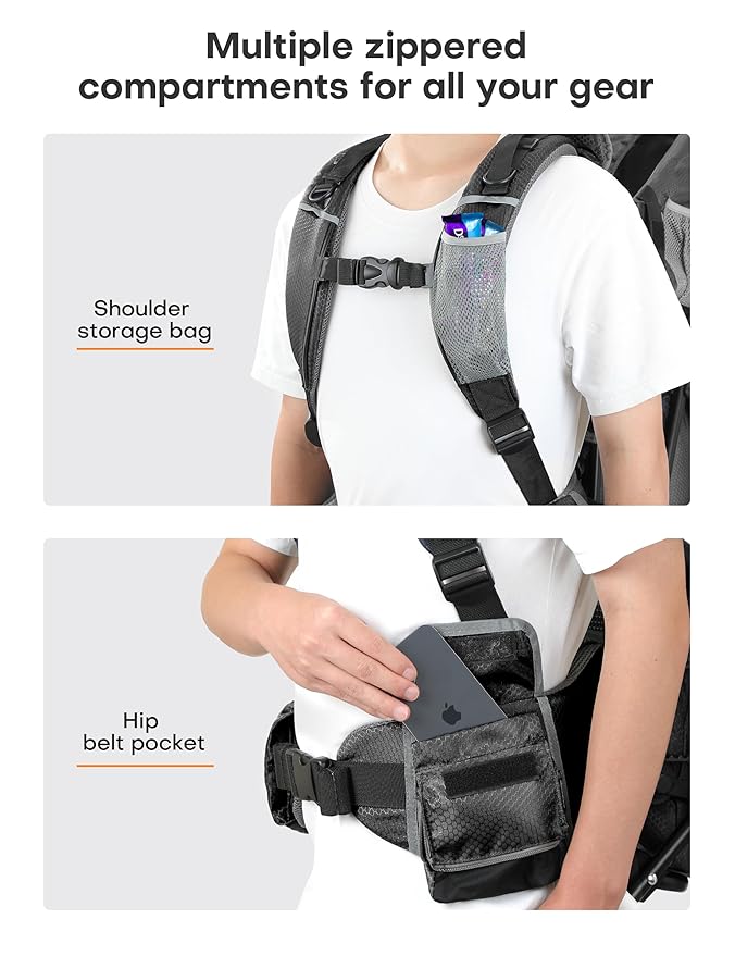 besrey Baby Backpack Carrier, Toddler Hiking Backpack with Safety 3-Height Seat, Adjustable Straps&Waist Belt, Foldable Frame Lightweight Large Capacity Child Carrier for Hiking (Shiny Black)