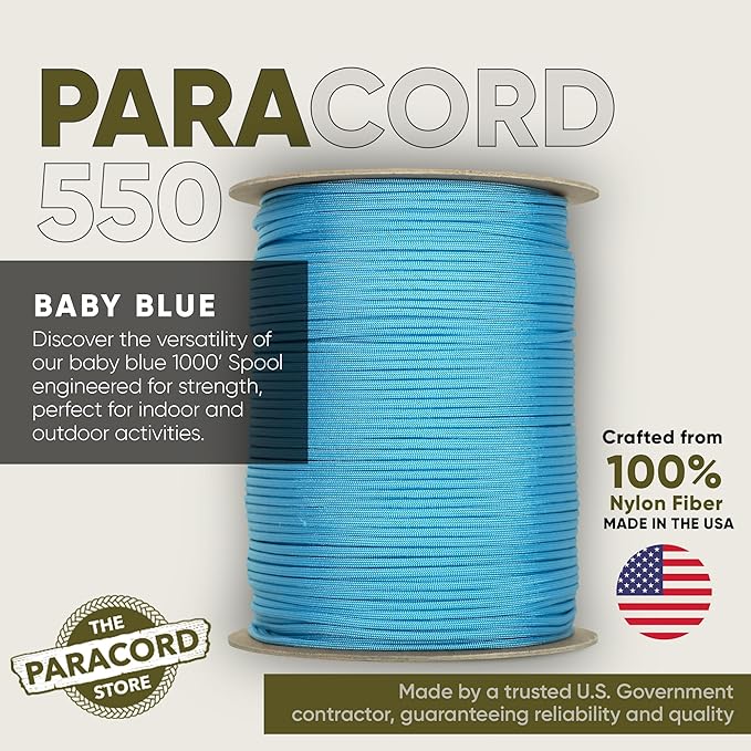 The Paracord Store | Type III 550 Paracord - 1000 FT Spool, Baby Blue | Heavy Duty 7 Strand Tactical Paracord - USA Made Nylon Outdoor Parachute Cord for Camping, Fishing & More - Survival Cord