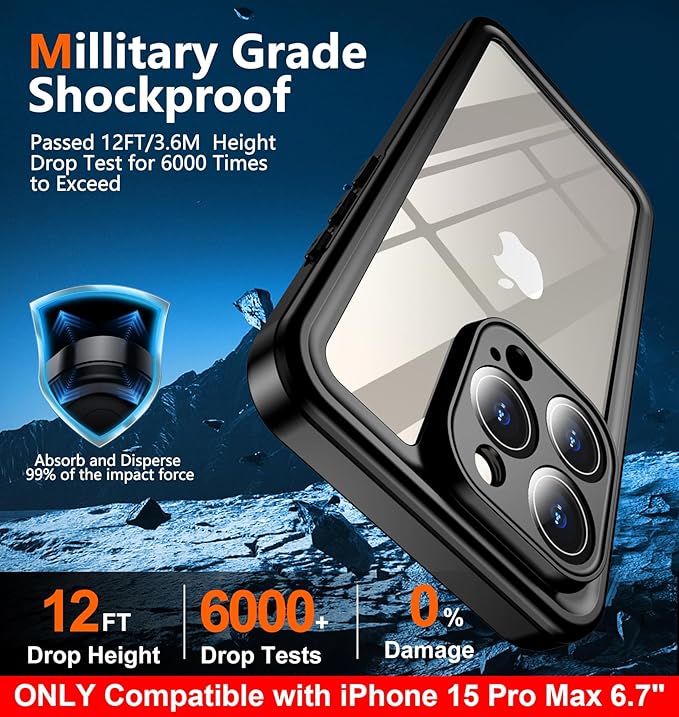 SPIDERCASE ONLY Designed for iPhone 15 Pro Max Waterproof, [Built-in Screen & Camera Protection] [IP68 Underwater]12FT Military Full-body Shockproof Anti-Scratched Rugged Phone Case 6.7”, Black/Clear