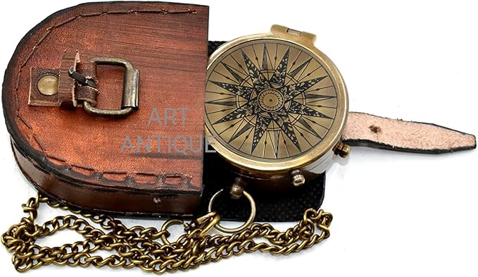 Vintage Brass Pocket Compass with Leather Case, Engraved Antique Nautical Compass for Hiking Camping Survival Navigation, Unique Gift for Men Women Husband Wife Anniversary Birthday Christmas