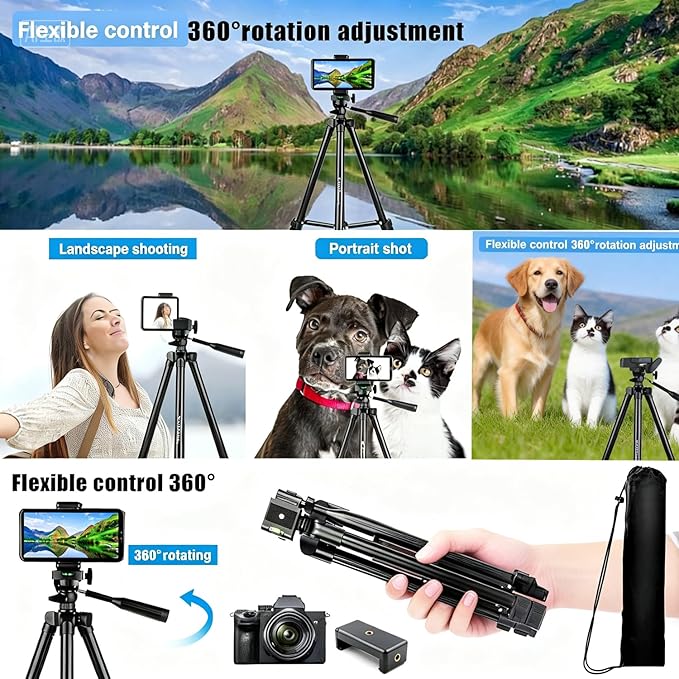 65" Aluminum Phone & Camera Tripod with Gooseneck Stand, Extendable Cell Phone Tripod Stand Compatible with iPhone/Android/Action Camera is Perfect for Live Streaming/Video Recording/Selfies