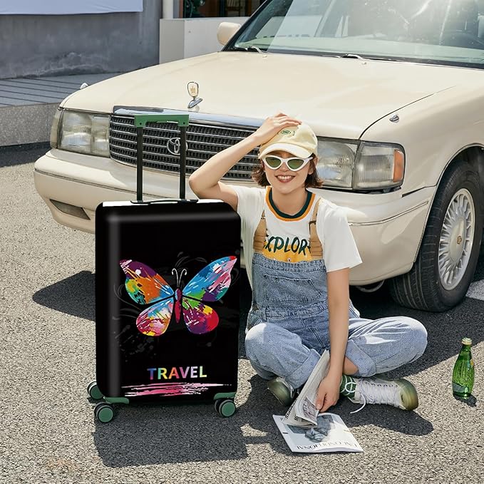 ANNA QUEEN Colorful Butterfly Travel Luggage Cover -Stretchable Airplane Suitcase Protector Sleeve,Universal Washable Fit for 32-34 Inch Checked Baggage,Water Resistant Durable Luggage Protector