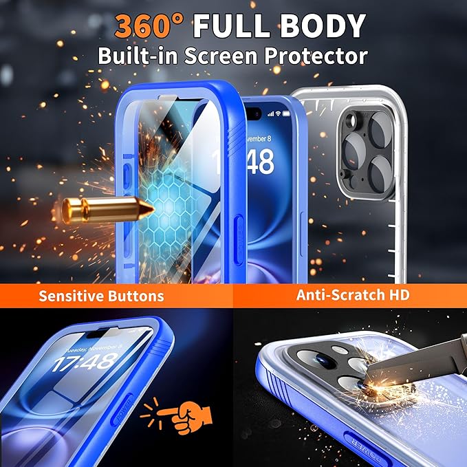Cozycase for iPhone 16 Pro Case Waterproof - 360 Heavy Duty with Screen/Camera Protector Shockproof IP68 Underwater Dustproof Water Dust Shock Proof Full Body/Front and Back Case Blue/Frosted Clear