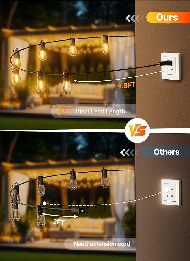Minetom 164FT Outdoor String LED Patio Lights Waterproof,52 Shatterproof S14 Vintage Edison Bulbs,Commercial Grade Outside Hanging Lights Waterproof for Porch Deck Garden Backyard Balcony Cafe Bistro