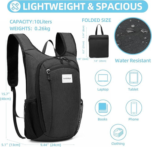 10L Foldable Lightweight Backpack – Packable Travel Daypack for Hiking, Cycling & Everyday Use – Water-Resistant Travel Bag with Multi-Pocket Design for Women & Men(Black)