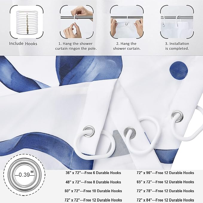 Navy Bow Shower Curtain, Navy and White Modern Aesthetic Bowknot with Polka Dot Cute Girly Bathroom Curtain Waterproof Fabric Machine Washable with Hooks, 36" Wx72 L