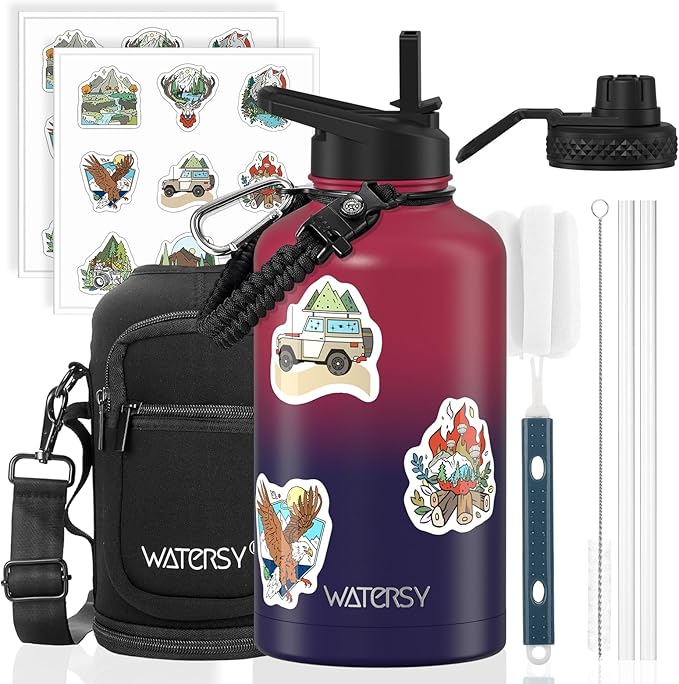 64oz Insulated Water Bottle (Cold for 48 Hrs),BPA Free&Leak Proof,Half Gallon Stainless Steel Water Flask,Water Jug with Straw Spout Lids for Gym,Hiking,Camping,Red Purple