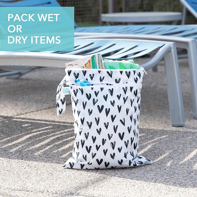 Bumkins Waterproof Wet Dry Bag for Baby, Travel, Swim Suit, Cloth Diapers, Pump Parts, Pool, Beach, Gym Clothes, Toiletry, Hook to Stroller, Daycare, Zipper Reusable Wetdry Packing Pouch, Black Hearts