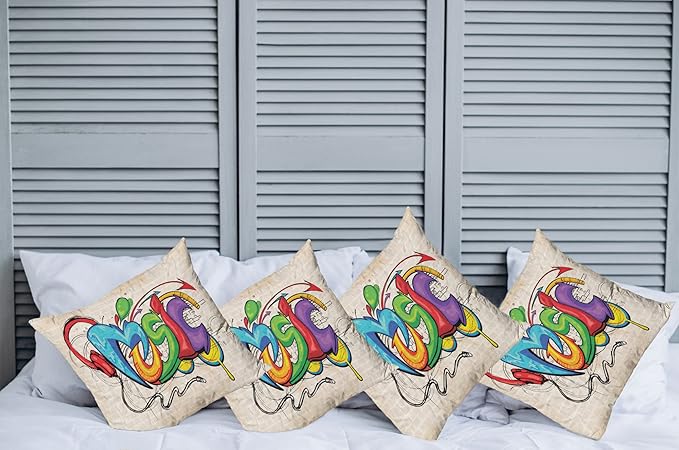 Ambesonne Music Throw Pillow Cushion Case Pack of 4, Illustration of Graffiti Style Lettering Headphones Hip Hop Theme on Beige Bricks, Modern Accent Double-Sided Digital Printing, 16", Tan Green