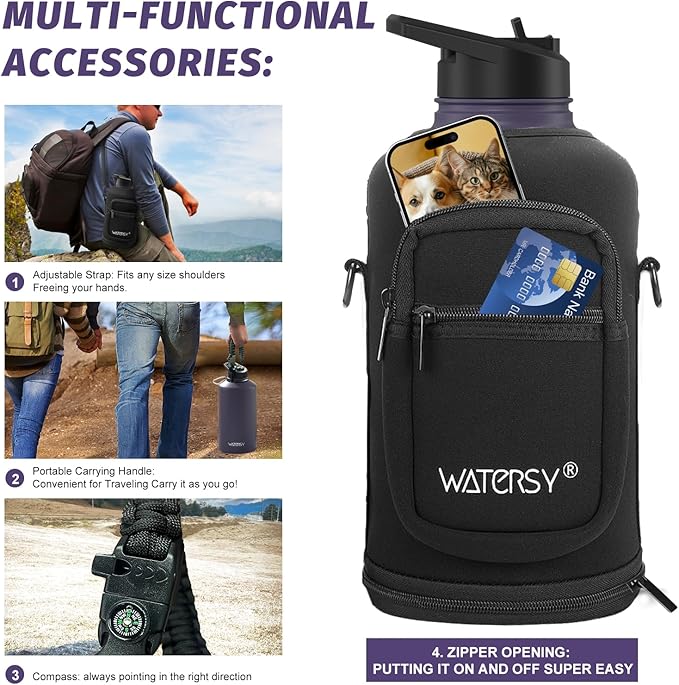87oz Insulated Water Bottle (Cold for 48 Hrs),BPA Free&Leak Proof,1.5 Gallon Stainless Steel Water Flask,Water Jug with Straw Spout Lids for Gym,Hiking,Camping,Purple