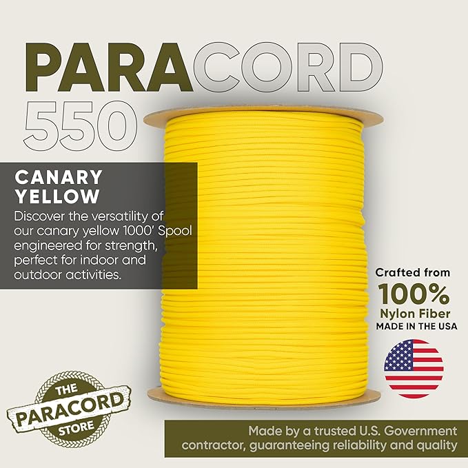 The Paracord Store | Type III 550 Paracord - 1000 FT Spool, Canary Yellow | Heavy Duty 7 Strand Tactical Paracord - USA Made Nylon Outdoor Parachute Cord for Camping, Fishing & More - Survival Cord