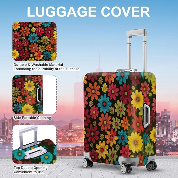 ANNA QUEEN Colorful Flower Luggage Cover, Retro Floral Suitcase Protector, Stretchable Washable Cover for 24-26 Inch Luggage