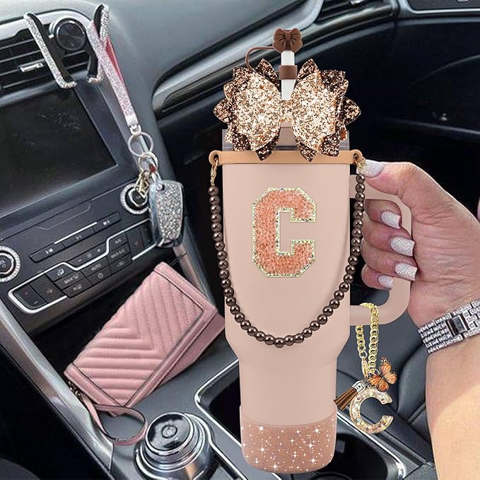 9PCS Brown for Stanley Cup Accessories Set Bling Initials Bow Charms for Stanley Decorations 30/40 Oz Tumbler Accessories Including Bow Straw Topper, Handle Strap, Spill Stopper（Letter C）