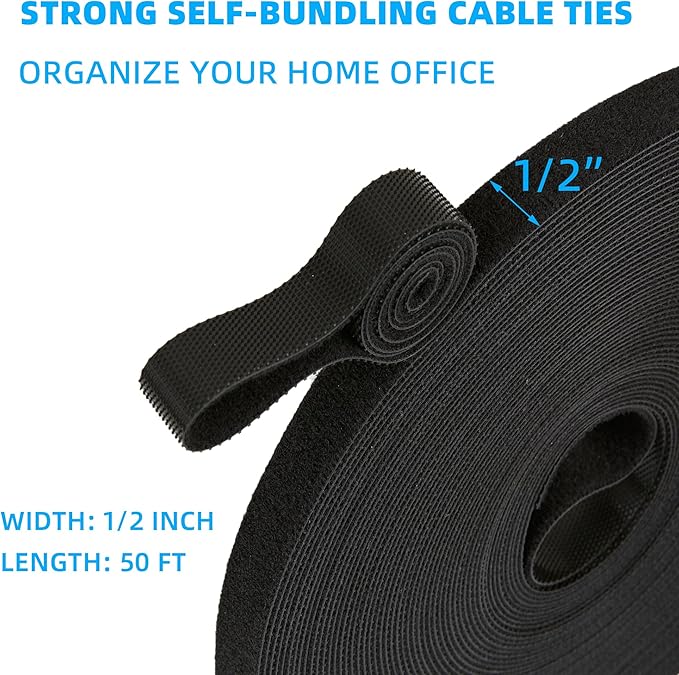 50 ft x 1/2 inch Hook and Loop Roll, Reusable Fastening Cable Ties, Multi-Purpose Cable Management Wire Ties Cable Straps for Organizing Home, Office and Data Centers