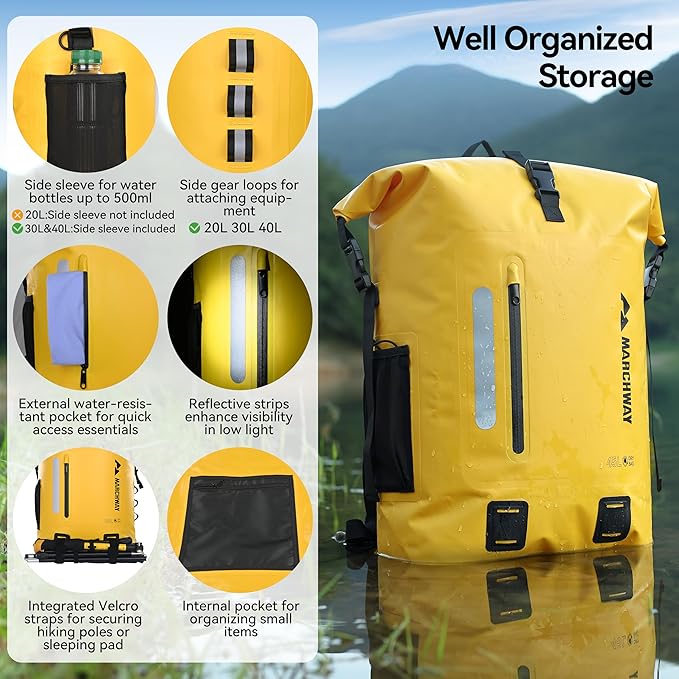 MARCHWAY Roll Top Waterproof Backpack, Floating Dry Bag 20L/30L/45L with Ergonomic Rectangular Base, Cushioned Back, Hip Strap for Hiking Camping Kayaking Travel (Yellow, 45L)