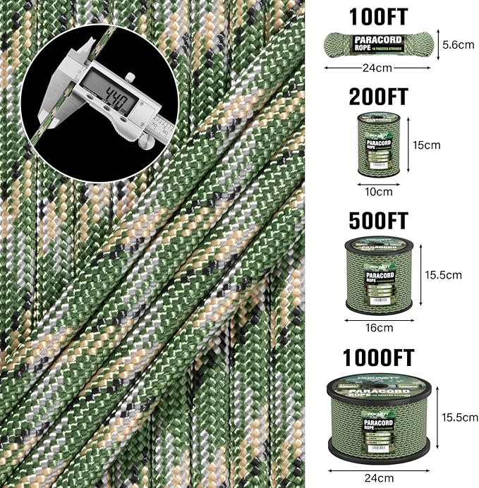 1200 Paracord Rope - 4.4mm 14 Strand Nylon Parachute Spool para Cord Lanyard for Outdoor Camping Survival Utility Tent Crafting DIY Projects Fishing Clothsline Bracelet - Camo Green 100FT