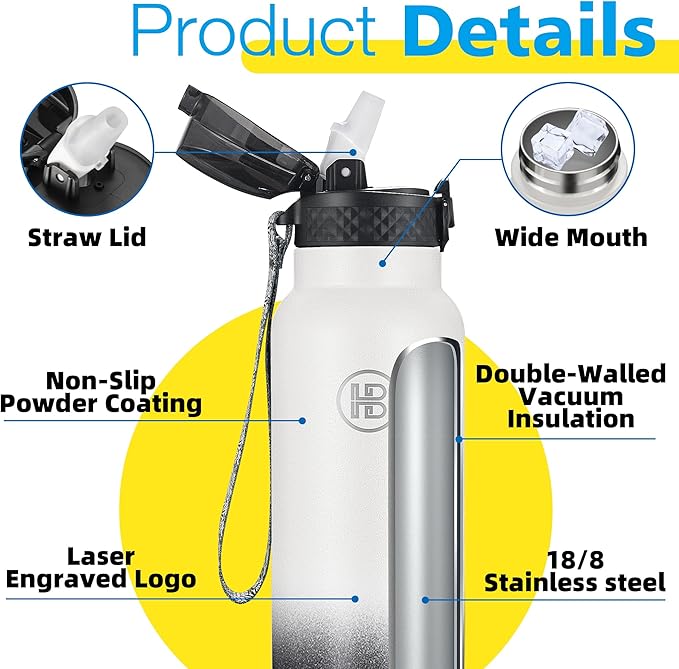 Han's Bottle Sports Water Bottle - 32 Oz, Straw Lid, Leak Proof, Vacuum Insulated Stainless Steel, Double Walled, Thermo Mug,White & Black