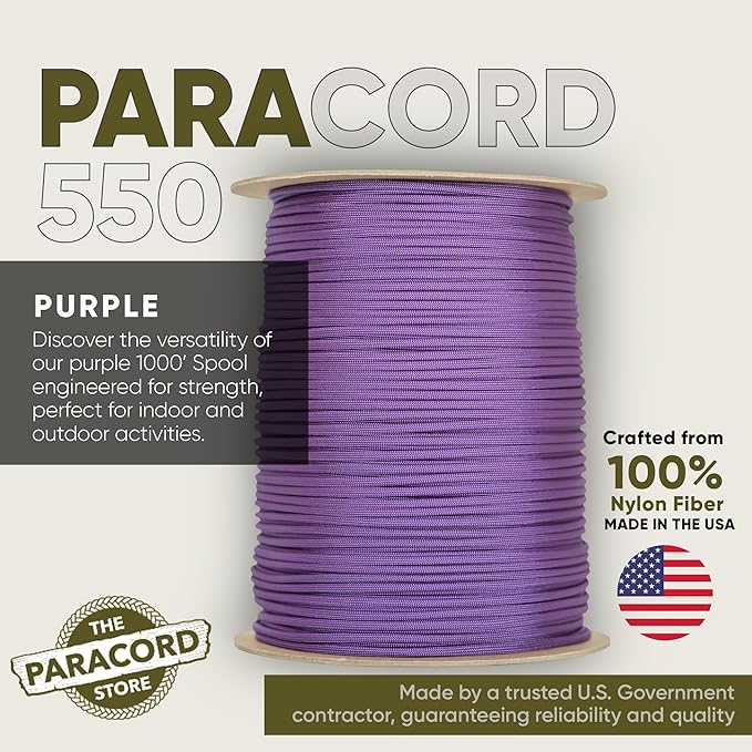 The Paracord Store | Type III 550 Paracord - 250 FT Spool, Purple | Heavy Duty 7 Strand Tactical Paracord - USA Made Nylon Outdoor Parachute Cord for Camping, Fishing & More - Survival Cord