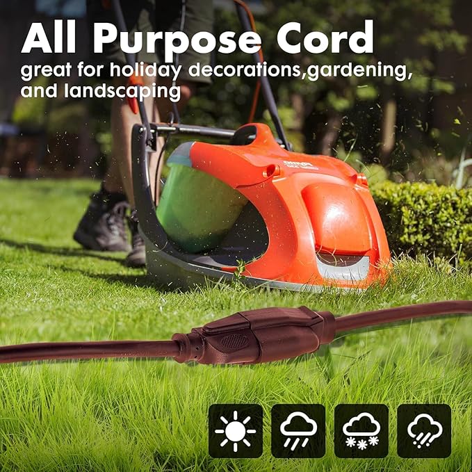 1ft Brown Extension Cord Waterproof, UL Listed, 16/3 SJTW Heavy Duty 3 Prong, 16 Gauge 13A Power Cord Ideal for Lights, Appliances, and Lawn
