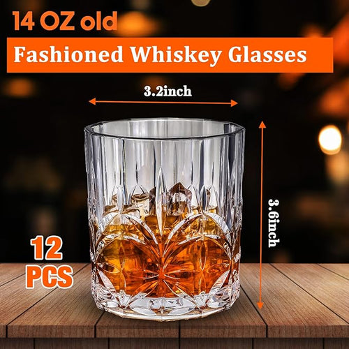 12 Sets Plastic Whiskey Glasses 14 oz Unbreakable Whiskey Drinking Glasses Old Fashioned Cocktail Cups Plastic Water Tumblers Clear Wine Cup Shatterproof Short Tumbler for Indoor Outdoor