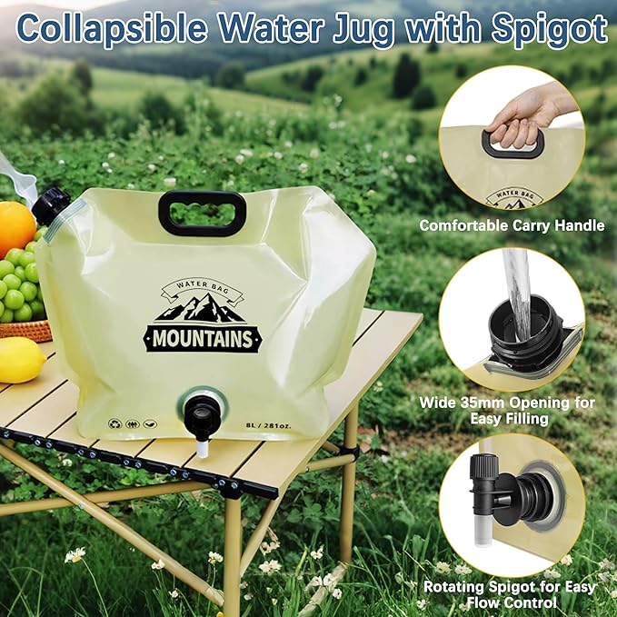 Water Jug Camping 2.1 Gallon Collapsible with Spigot, BPA Free Portable Water Pouch Foldable Water Bags for Outdoor Hiking, Travel and Emergency & Water Storage Containers (Beige-4Pcs)