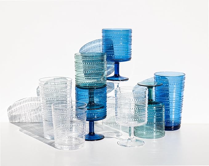 Beaded 16 oz Durable Acrylic Jumbo Drinking Glasses, Shatter-Resistant and Dishwasher-Safe Indoor/Outdoor Drinkware, Ideal for Water, Iced Tea, Juice, and Cocktails - Clear - Set of 6