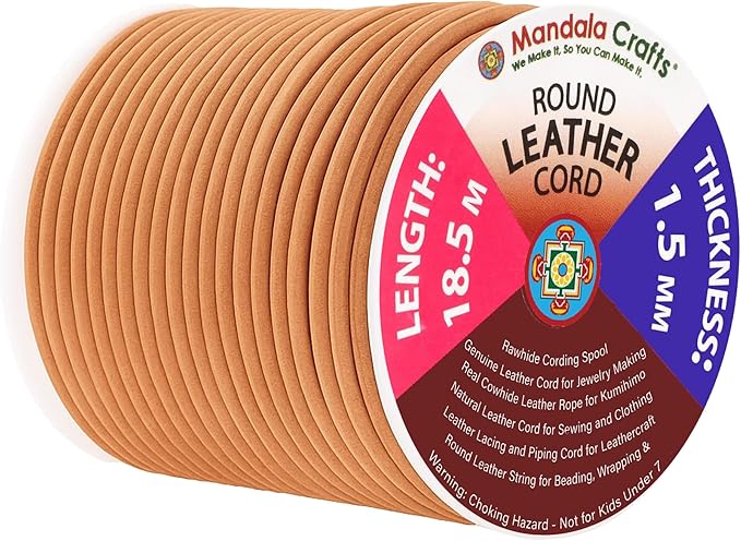 Mandala Crafts Round Genuine Camel Leather Cord for Jewelry Making – 1.5mm Cowhide Leather Rope String Lace for Kumihimo – 20 Yards Cowhide Craft Cording Spool